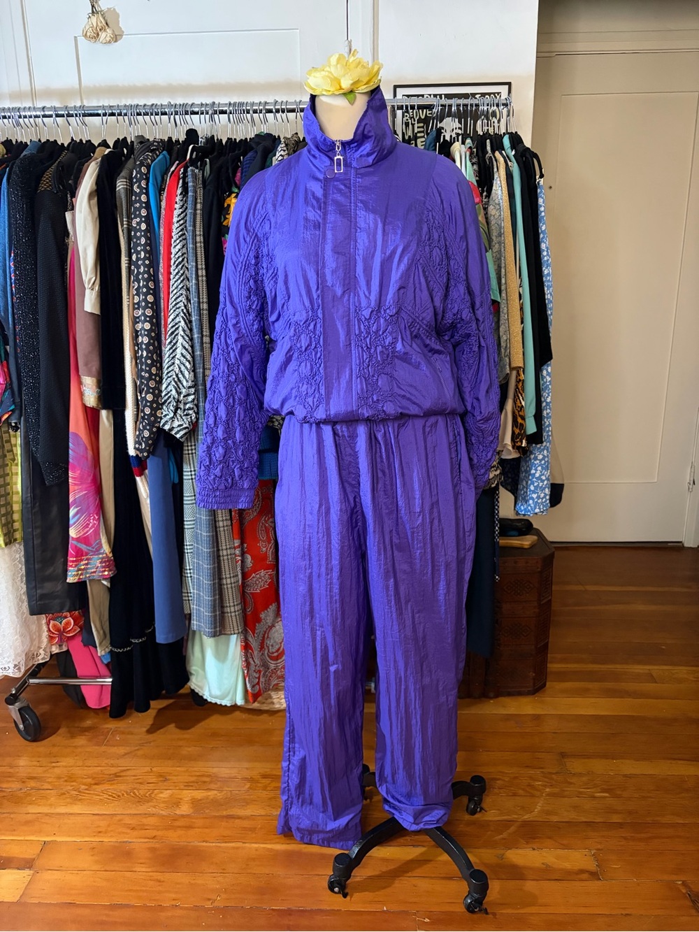 Vintage 80s Great Cavalier Purple Puffy Ruched Windbreaker Tracksuit Set